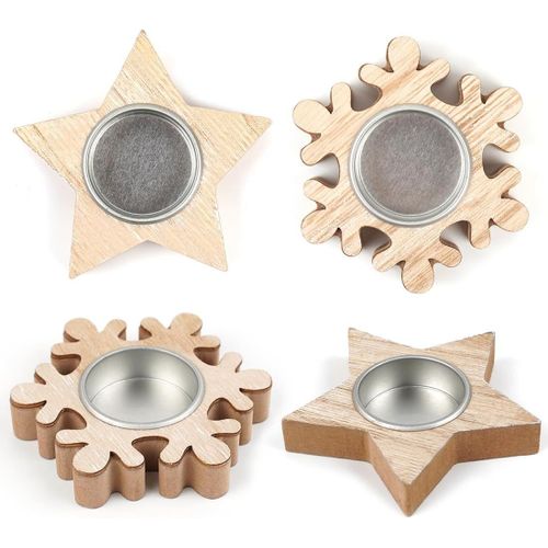 Kalanka-Porte Bougies En Bois, Lot De 4 Photophores De Noël En Forme Ètoile Et Flocon De Neige, Bougeoirs En Bois, Décoration De Table Pour Noël, Artisanat En Bois À Décorer Et À Exposer