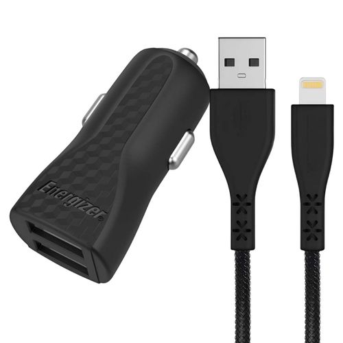 Chargeur Allume-Cigare 2 Usb 17w 3.4a Hardcase Avec Câble Lightning Vers Usb Energizer Noir