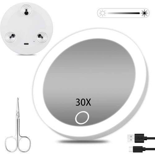 Kal-Miroir Grossissant 30x Avec Lumière, Miroir De Maquillage De Voyage 10.16 Cm Avec 3 Ventouses, Miroir Grossissant De Maquillage Avec Lumière, Gradation Réglable Des Lumières 