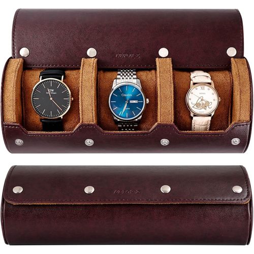 Kal-Boîte À Montre À 3 Emplacements,Coffret À Montres Pour Homme,Femme,Avec Coussinets Amovibles,En Cuir Synthétique,Boîte De Rangement Pour 3 Montres,Brun