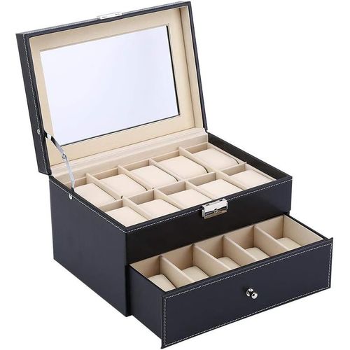 Kal-Boîte De Rangement Pour Montres - En Cuir Synthétique - Verrouillable - Organiseur De Bar - Boîte À Montres Pour Homme - Avec Coussins Amovibles (20 Grilles)