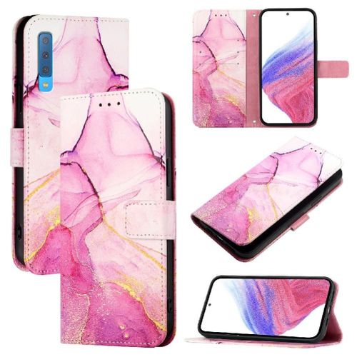 Étui Pour Samsung Galaxy A7 2018 Cuir Pu Bicelle Motif De Marbre Portefeuille - Rose Rouge
