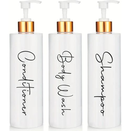 CMJAAGUR-Distributeur De Savon Salle De Bain | Set De 3 Flacons Pour Gel Shampooing Et Après-Shampoing 500 Ml Avec Détails En Bambou | Ce Distributeur De Savon De Bain Couleur Blanc Et Doré [M1737]