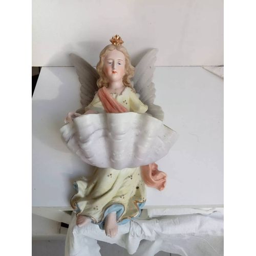 Statette En Porcelaine Ange Bénitier Signé Hauteur 25 Cm Largeur 14 Cm 550gr