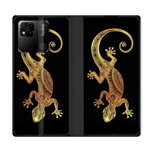 Housse Cuir Portefeuille Pour Xiaomi Redmi 10a Animal Lezard Noir