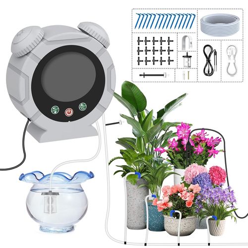 Programmateur Arrosage Automatique Interieur, 2025 Dernier Réveil USB-C Kit D'irrigation Systeme avec Minuterie Programmateur et 15M Tuyau D'arrosage Goutte à Goutte pour Jardin/Balcons/Serre
