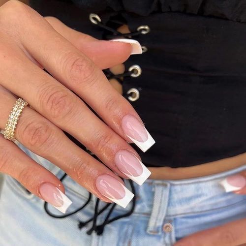 Kal-Faux Ongles Court ,Ballerine Nude Rose Blanc French Press On Nails Avec Colle À Ongles,Naturel Pink White Tip Acryl Fake Nails 