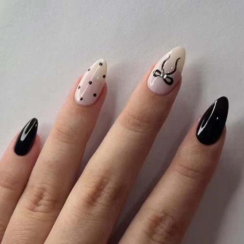 Kal-24 Pièces Faux Ongle Amande Moyen, Français Noir Blanc Ongles À Coller, Ballerine Press On Nails Artificiels Couverture Complète Capsules Ongles Naturel Pour Femmes Et Filles -Dégradé Nude 