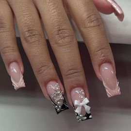 Kal-24 Pièces Faux Ongles Longue Carrés, Français Naturel Ongles À Coller, 3d Handmade Rose Press On Nails Avec Noeud, Perle, Étoile Design, Acrylique Gel Faux Ongles Autocollants Pour Femmes Et Fill 