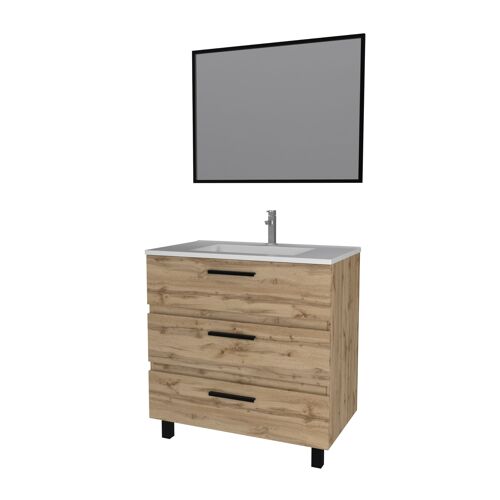 Ensemble meuble de salle de bain - Chene industriel - tiroirs -pieds en aluminium noir mat - miroir