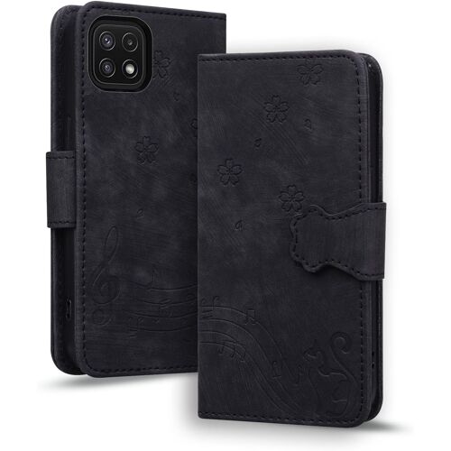KAL-Coque Pour Samsung Galaxy A22 5G Etui Protection Housse Premium En Cuir Pu Flip Cover Galaxy A22 5G Magnétique Portefeuille Cover Pour Samsung Galaxy A22 5G, Noir Chat
