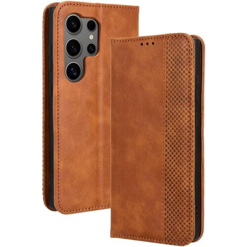 KAL-Rétro Coque Pour Samsung Galaxy S24 Ultra 5G, Etui Portefeuille En Cuir Fermeture Magnétique Porte Folio Pour Cartes. Marron