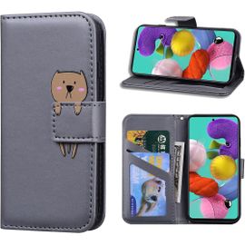 Kal-Coque Pour Samsung Galaxy A51,Motif Ours Brun Mignon Portefeuille Étui De Antichoc Flip Case Cover,Cuir Pu Housse Avec Fonction Stand,Emplacements De Cartes Et Avec Fermeture Magnétique,Gris