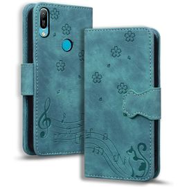 KAL-Coque Pour Huawei Y6 (2019) - Étui Protection Premium En Cuir Pu Avec Fonction Portefeuille Et Support - Motif Sakura Musique Chat - Vert