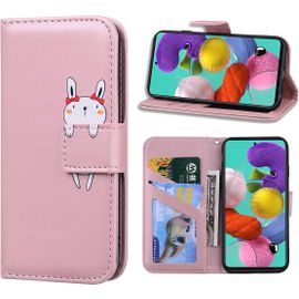 Kal-Coque Pour Samsung Galaxy A51,Motif Lapin Mignon Portefeuille Étui De Antichoc Flip Case Cover,Cuir Pu Housse Avec Fonction Stand,Emplacements De Cartes Et Avec Fermeture Magnétique,Rose