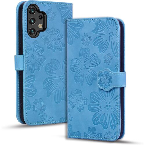 KAL-Coque Pour Samsung Galaxy A04S/ A04/ A13 4G 5G/ M13 5G Premium Pu Cuir Housse Avec Fermeture Magnétique Stand Fonction Fleurs De Cerisier Embossées L'Étui Pour Téléphone Galaxy A04S, Bleu