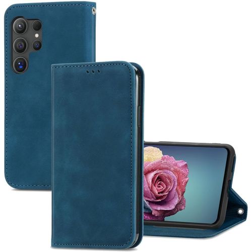 KAL-Coque Pour Samsung Galaxy S25 Ultra Case, Cuir Pu Rétro Folio Rabat Portefeuille Etui, Avec [Fente Cartes] [Support] [Fermeture Magnétique] Antichoc Housse, Bleu