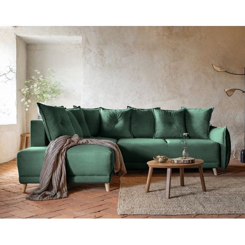 Canapé D'angle Gauche Convertible 5 Places En Velours Côtelé Vert