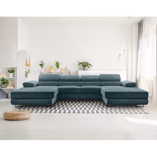 Canapé Panoramique 7 Places En U En Velours Côtelé Bleu