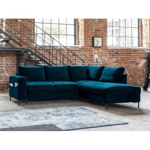 Canapé D'angle Droit Convertible 5 Places En Velours Bleu Canard