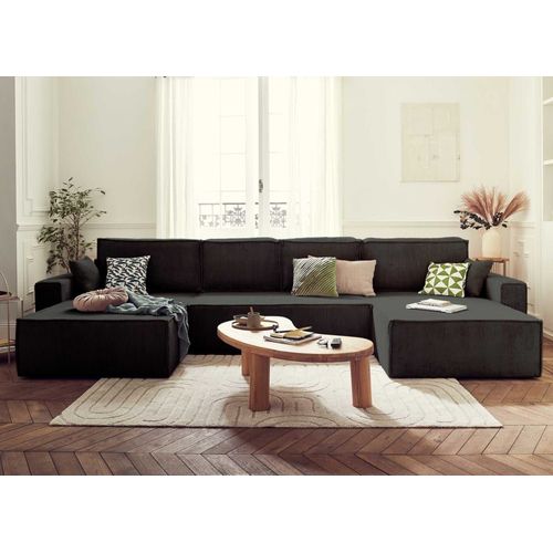 Canapé Panoramique 7 Places En U En Velours Côtelé Gris Anthracite