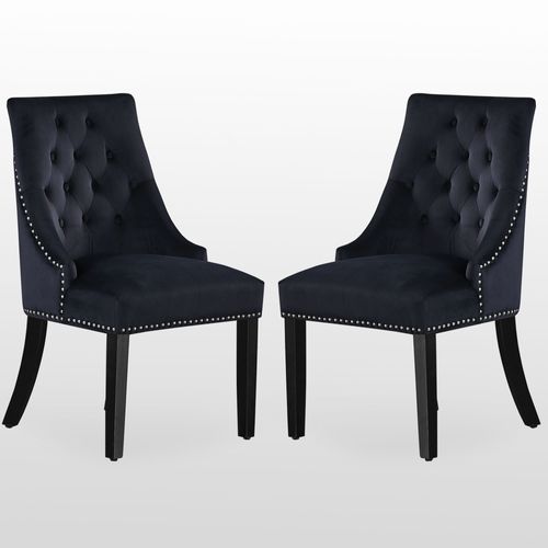 Windsor - Lot De 2 Chaises Capitonnée En Velours Noir - Style Classique & Design - Pieds En Bois - Salle À Manger, Salon Ou Coiffeuse