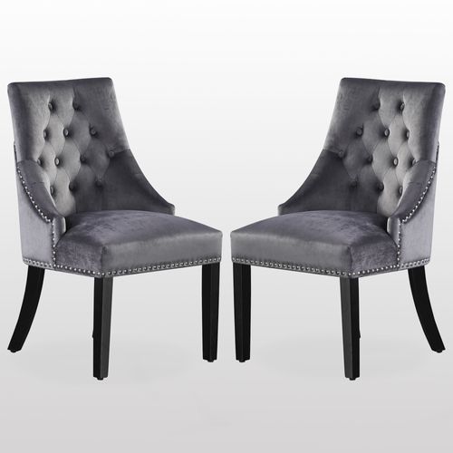Windsor - Lot De 2 Chaises Capitonnées En Velours Gris Foncé - Style Classique & Design - Pieds En Bois - Salle À Manger, Salon Ou Coiffeuse