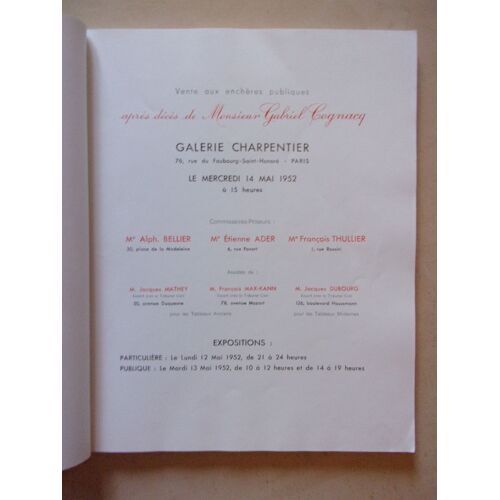 Collection Gabriel Cognacq. Tableaux Anciens Et Modernes. Sculptures