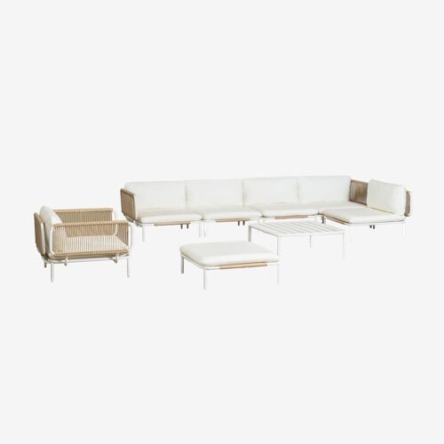 Canapé D'angle De Jardin Modulable 5 Pièces Avec Pouf, Fauteuil Et Table Basse Roubly Beige Amande