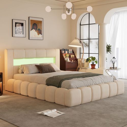 Lit Nuage Coffre Led 160x200cm Velours Beige Omaha