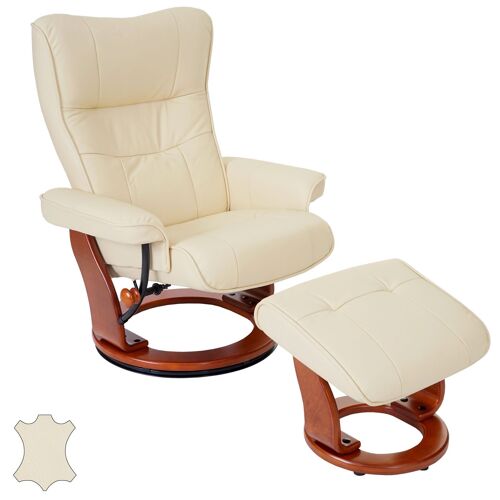 Robas Lund fauteuil relax Montreal, fauteuil de télévision, tabouret, cuir, charge 130kg   crème, doré