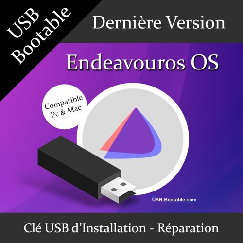 Clé USB Bootable Endeavouros OS + Guide PDF d'utilisation - Installation/Réparation/Mise à niveau - Compatible PC et Mac - Dernière version officielle - USB 2.0 / 3.0