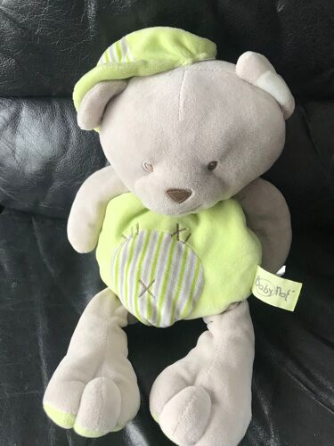 Grand Doudou Peluche Ours Gris Et Vert Casquette Baby Nat 40cm Range Pygama 