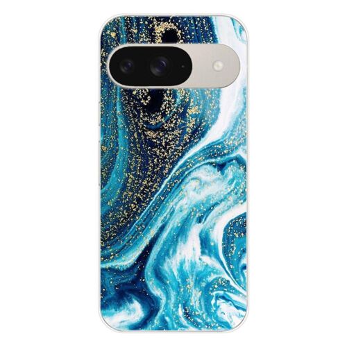 Coque En Silicone - Compatible Google Pixel 9 - Design Marbre Bleu Paillete