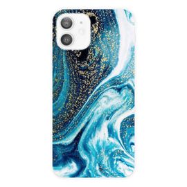 Coque En Silicone - Compatible Apple Iphone 12 - Design Marbre Bleu Paillete