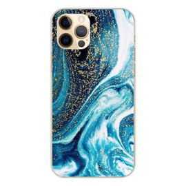 Coque En Silicone - Compatible Apple Iphone 12 Pro - Design Marbre Bleu Paillete