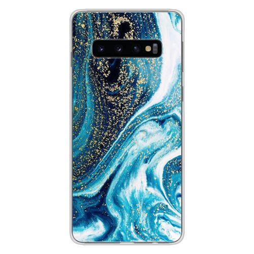 Coque En Silicone - Compatible Samsung Galaxy S10 - Design Marbre Bleu Paillete