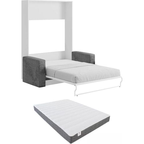 Lit Escamotable Canapé 140 X 200 Cm - Ouverture Verticale Manuelle - Blanc Et Gris + Matelas - Vaciala Ii