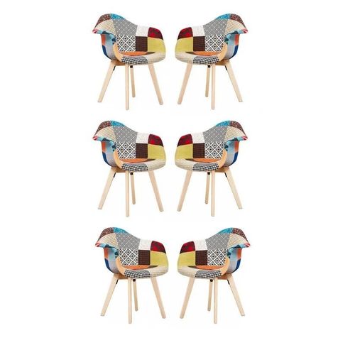 Lot De 6 Fauteuils Patchwork Scandinave Tub - Tissu Recouvert De Pieds En Bois - Multicolore