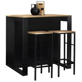 Ensemble table de bar îlot JUNO bois noir avec plateau façon hêtre et 2 tabourets de bar DETROIT