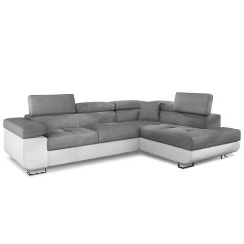 Canapé d'angle convertible Antoni avec têtières relevables angle à droite simili Blanc et tissus Gris clair