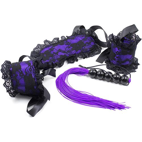 Kal-Lace Bondage Set Eyemask Handcuffs Silicone Whip Adjustable Perfect For Bdsm Kit Menottes Sexy Érotique Accessoires For Couples (Purple)
