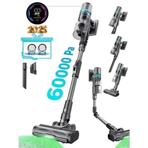 Proscenic Aspirateur balai sans fil P16 - Tube pliable - 140AW/550W - Autonomie 55 Min - Brosse à Plancher LED Verte - Gris