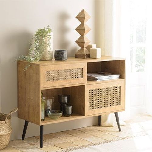 Buffet Bas 2 Portes Coulissantes Effet Cannage Naturel - Trusty