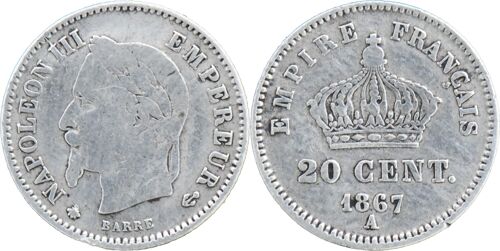 France - 1867 - 20 Centimes Napoléon Iii - Paris (A) - Argent 835¿ - 20-507