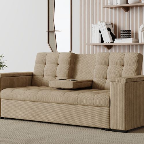Noho - Canapé 3 Places Convertible Avec Tablette Centrale Et Accoudoirs Amovibles Beige Velours Côtelé