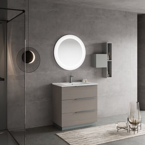MEUBLE DE SALLE DE BAIN SUR PIED 80CM GRIS CENDRE, MIROIR ROND LED | NEW YORK