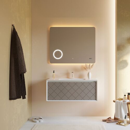 ARMOIRE DE SALLE DE BAIN 100CM BLANC MAT ET GRIS AVEC MIROIR LED INTÉGRÉ | MIAMI