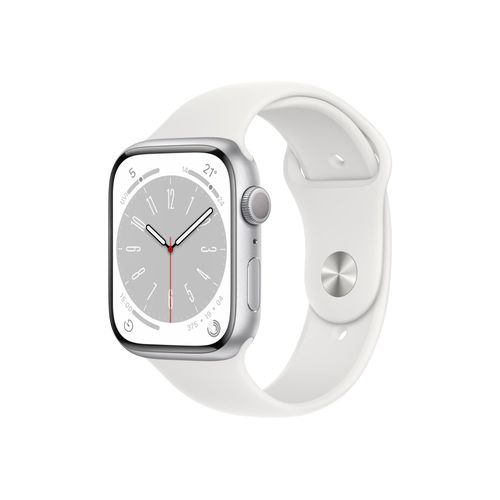 Apple Watch Series 8 (GPS) - Boîtier 45 mm Aluminium Argenté avec Bracelet Sport Blanc