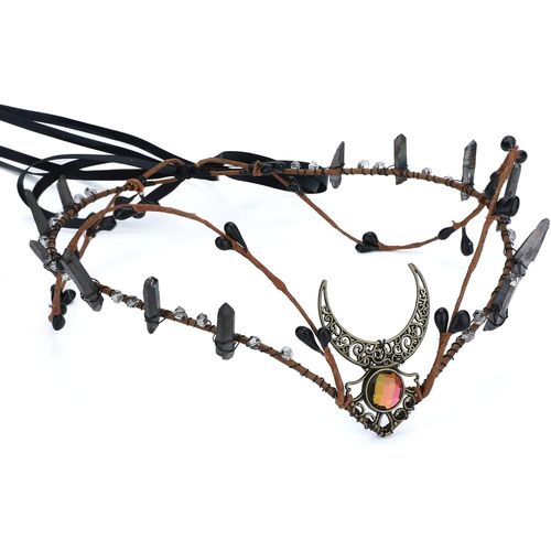 Kalanka-Serre-Tête En Quartz Brut Noir Avec Strass Foncés - Diadème Elfe Sirène - Accessoire De Déguisement Pour Femme - Renaissance Halloween